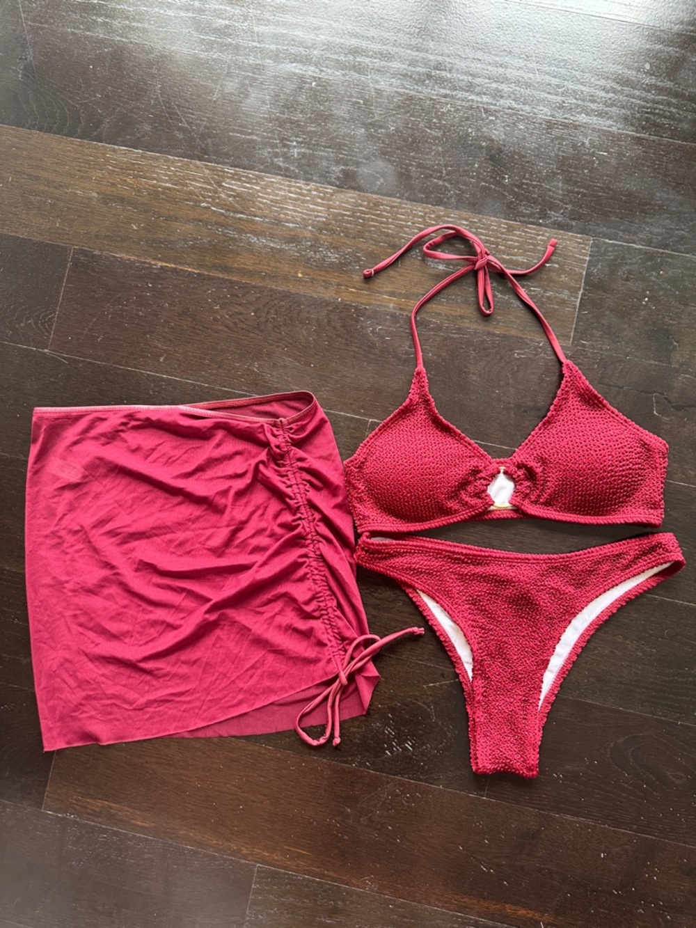MakeMeChic 3 Piece Bathing Suit Halter Ring Bikini Set with Cover Up Skirt